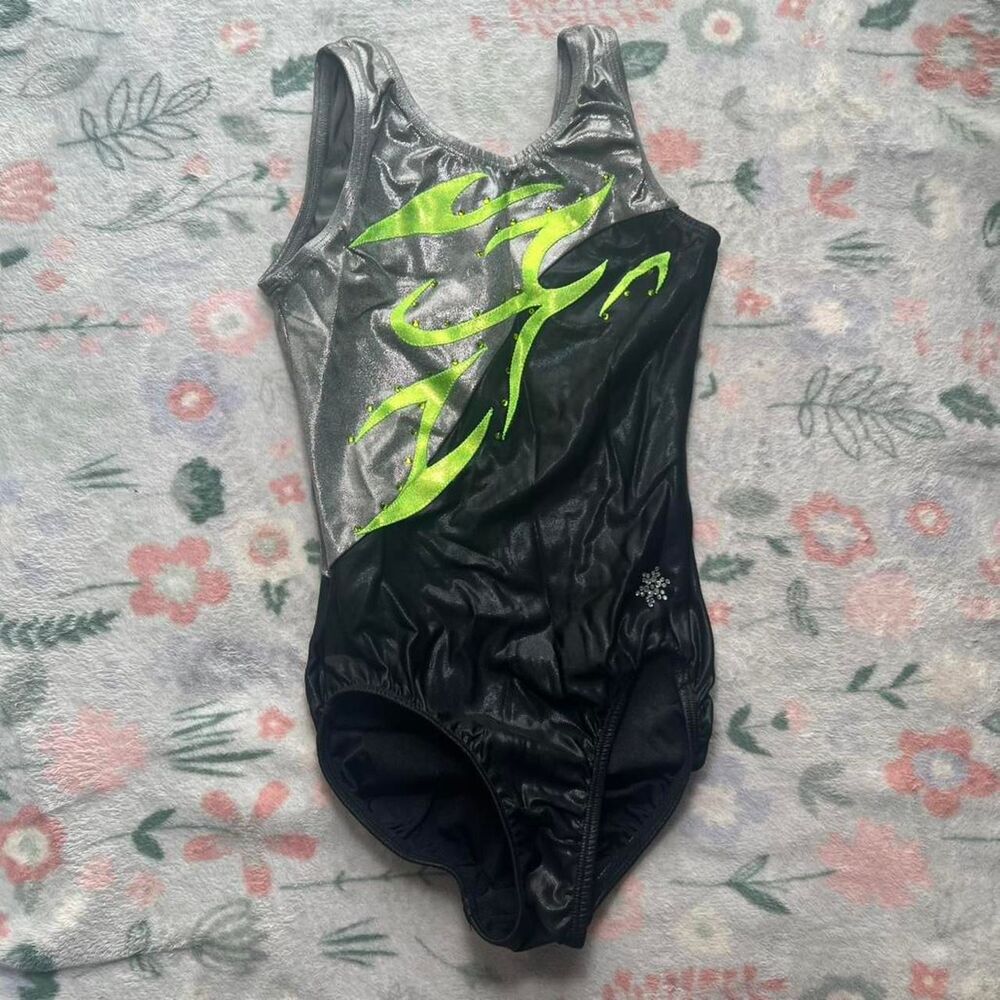 Snowflake Designs Metallic Neon Green Flame Rhinestone Gymnastics Leotard